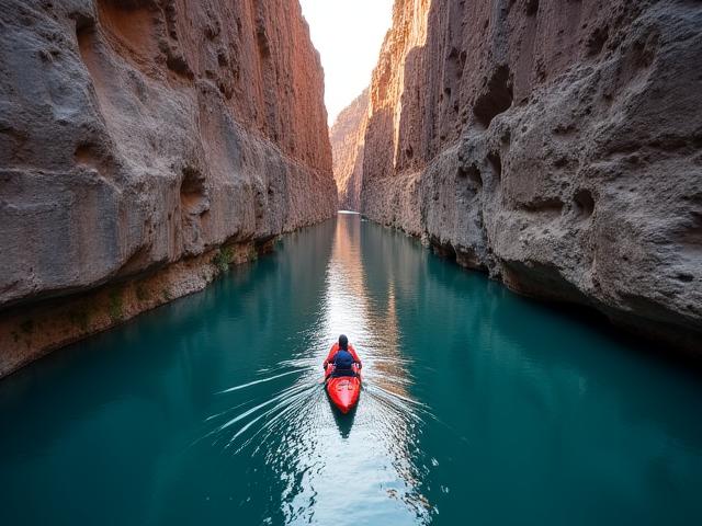 Single person kayaking in a calm, misty river canyon