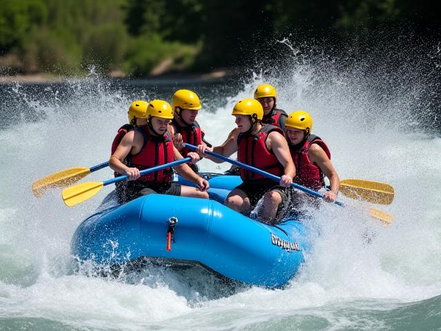 Rafting team navigating a powerful rapid