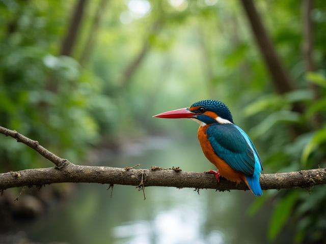 Rare birds and monkeys visible in a dense riverside jungle