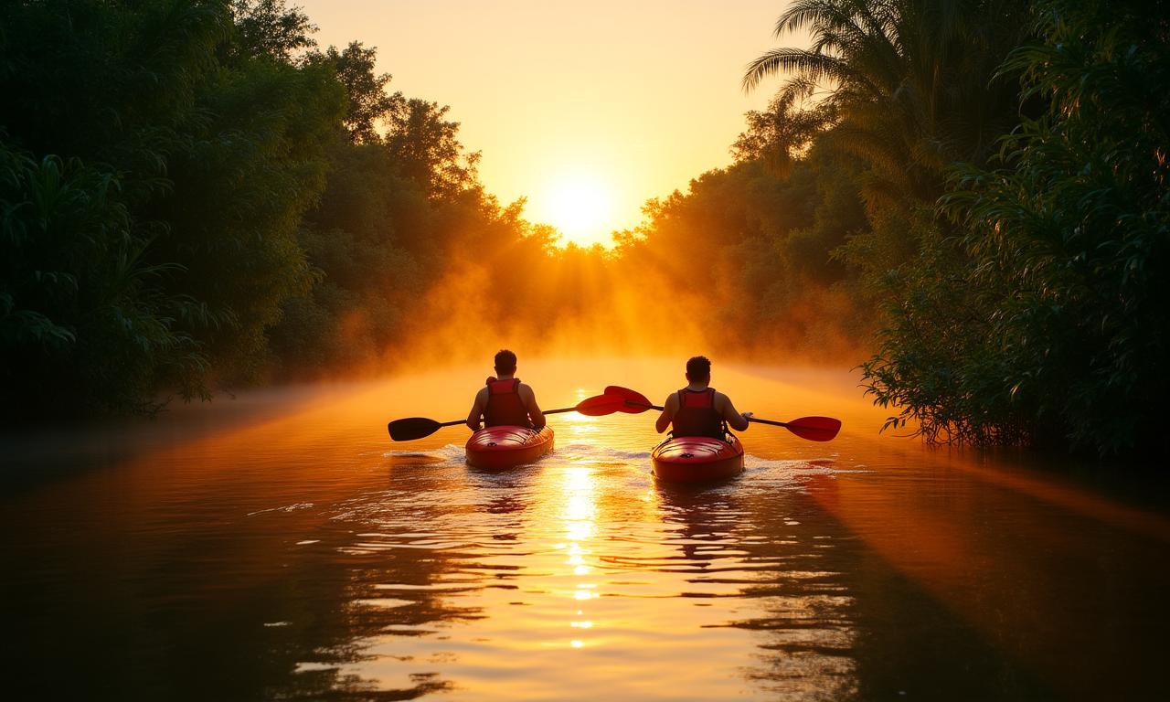 Kayakers paddling through a lush tropical river at sunrise