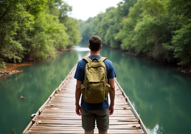 Hiking through a lush riverside jungle
