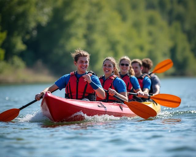 Team of corporate professionals kayaking together on a serene river