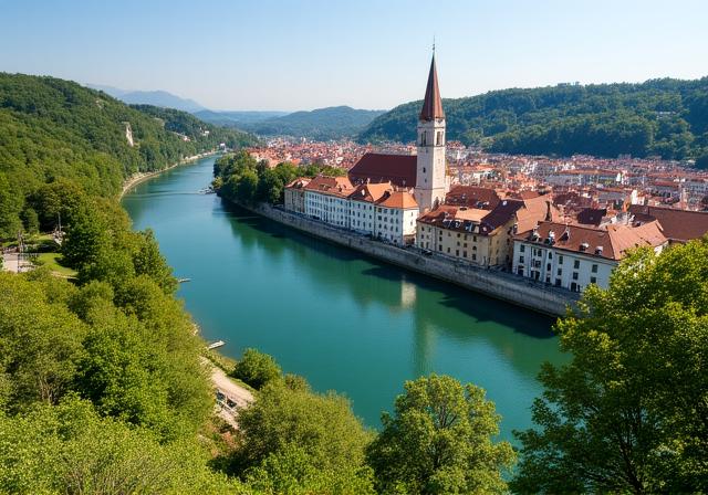 Winding Danube River through European villages