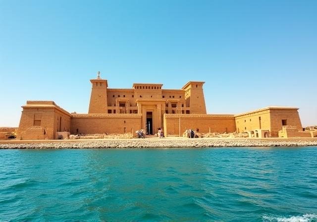 Ancient Egyptian temples viewed from a river cruise ship
