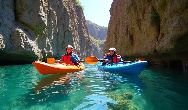 Kayakers gliding silently through a pristine river gorge