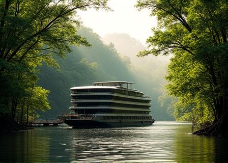 Luxury eco-lodge boat deep in the Amazon rainforest