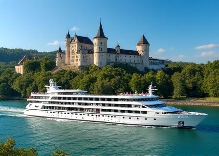 Grand river cruise ship passing historic castles on the Rhine