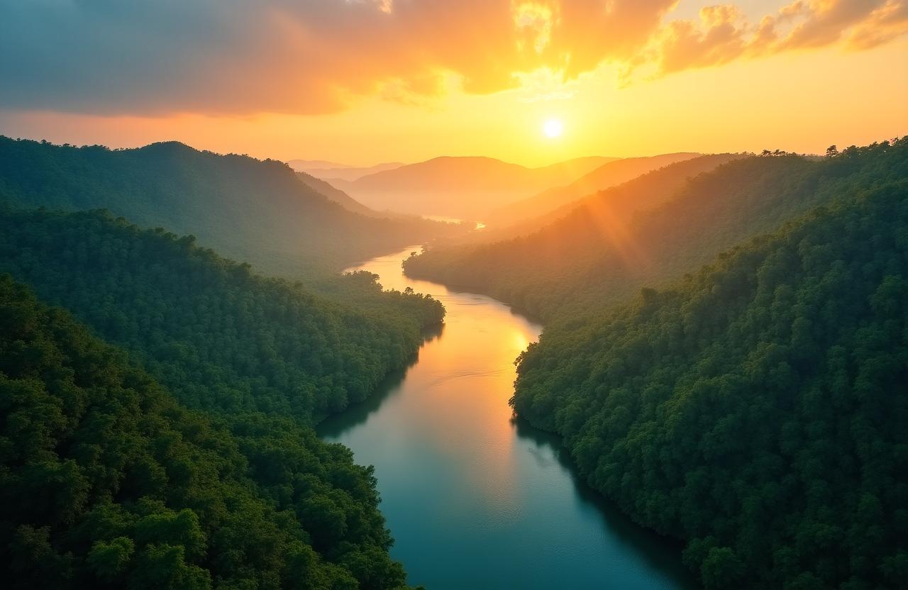 Breathtaking winding river through a lush green valley at sunrise