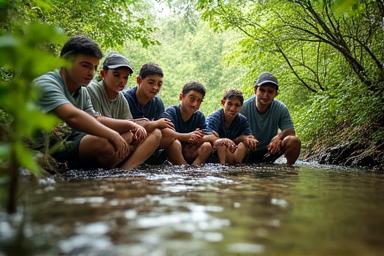 Group of diverse university students examining river ecosystem